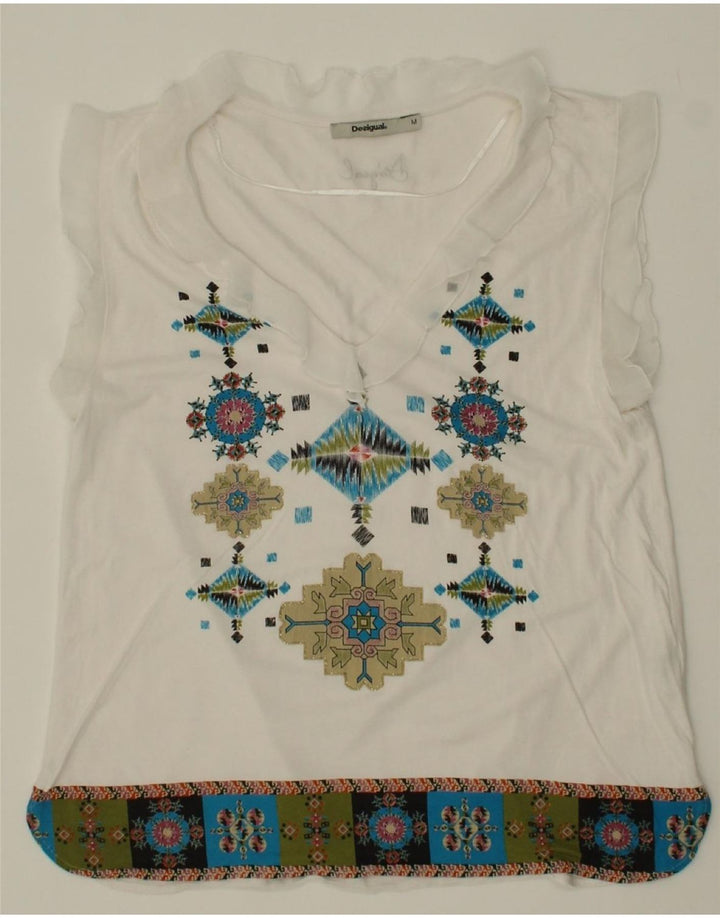 DESIGUAL Womens Blouse Top UK 12 Medium White Fair Isle Viscose Vintage Desigual and Second-Hand Desigual from Messina Hembry 