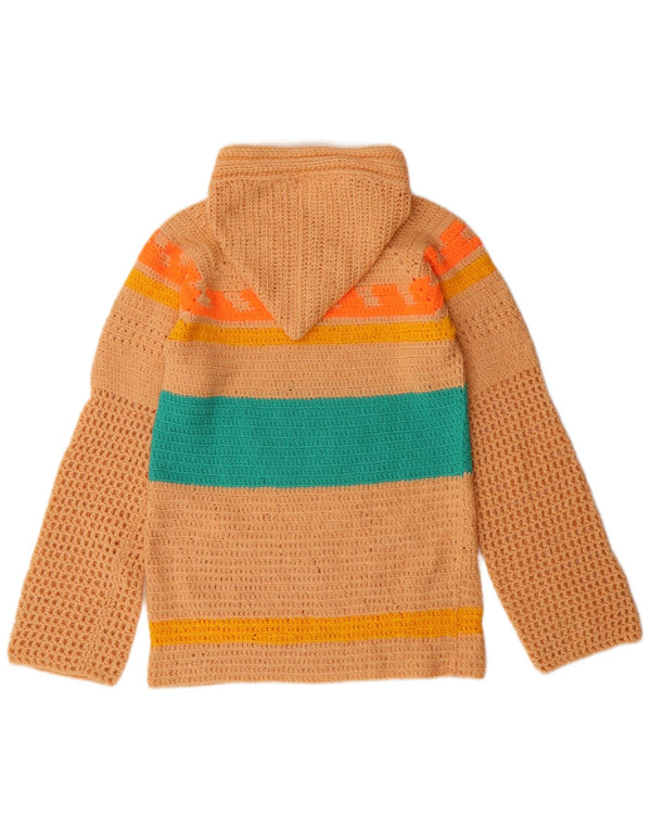 VINTAGE Womens Hooded Crochet Jumper Sweater UK 10 Small Beige Striped