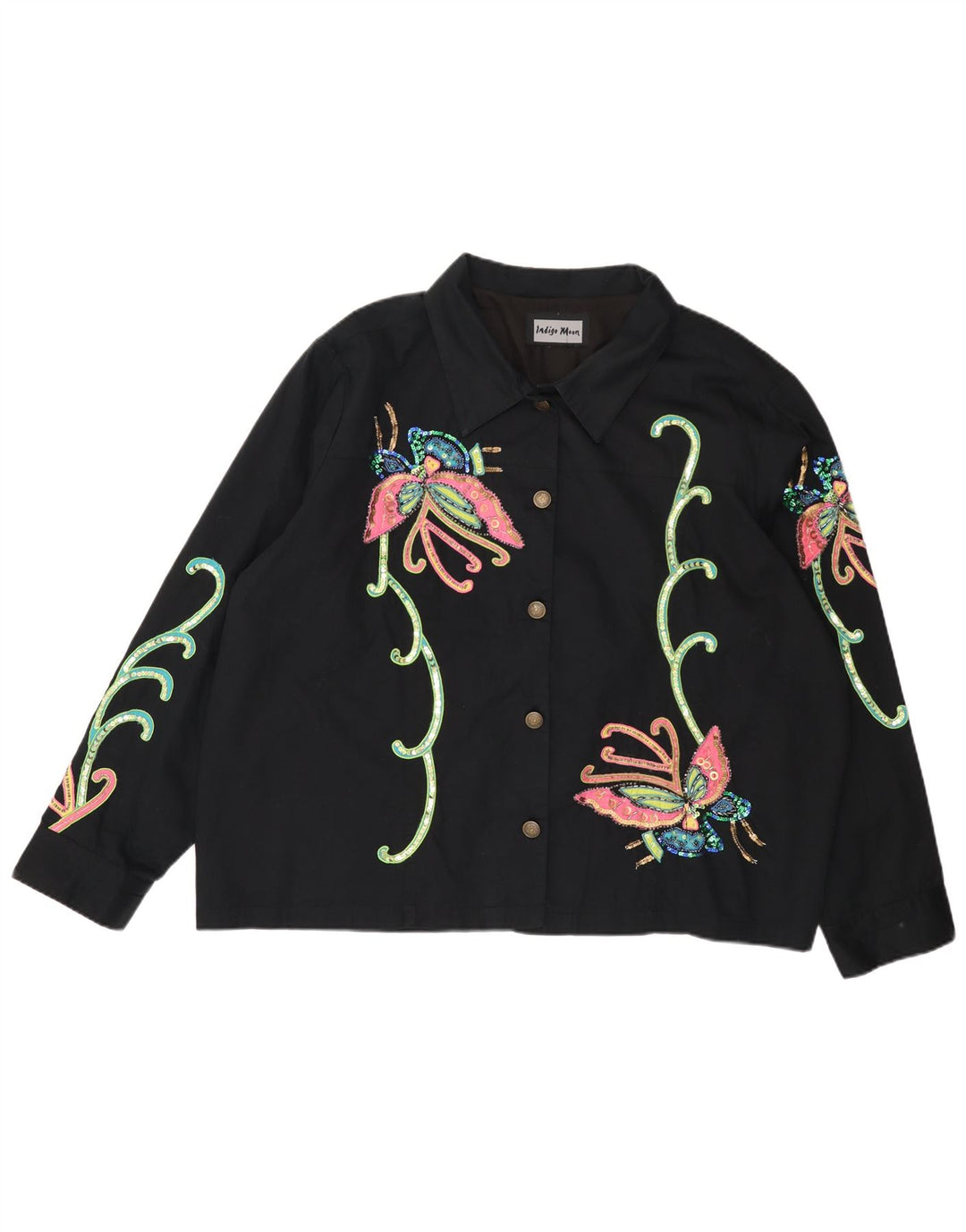 INDIGO MOON Womens Oversized Bomber Jacket UK 22 3XL Black Butterfly