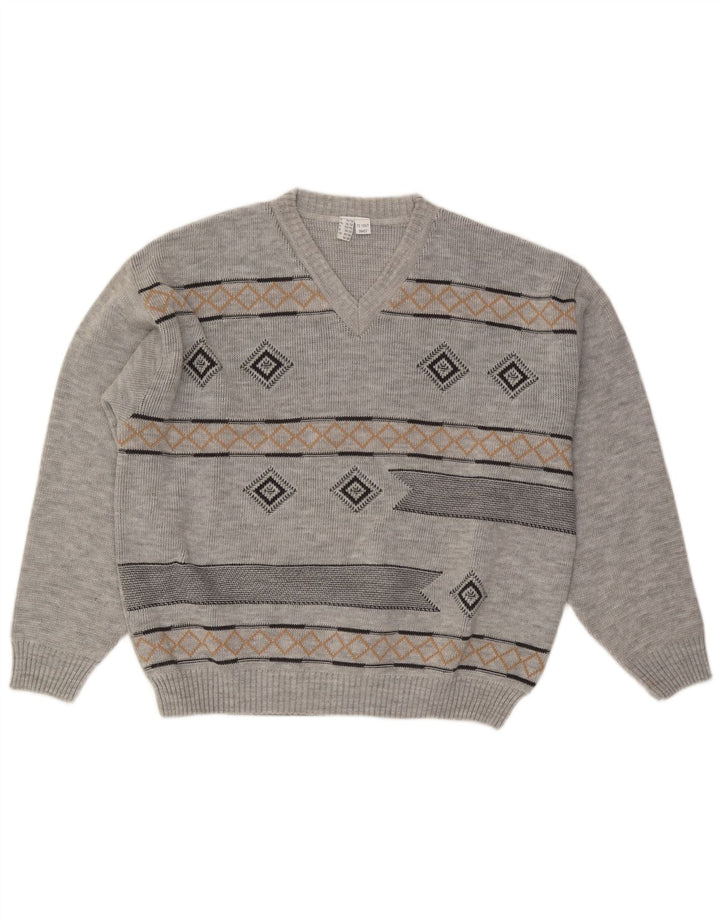 VINTAGE Mens V-Neck Jumper Sweater UK 46/48 2XL Grey Argyle/Diamond