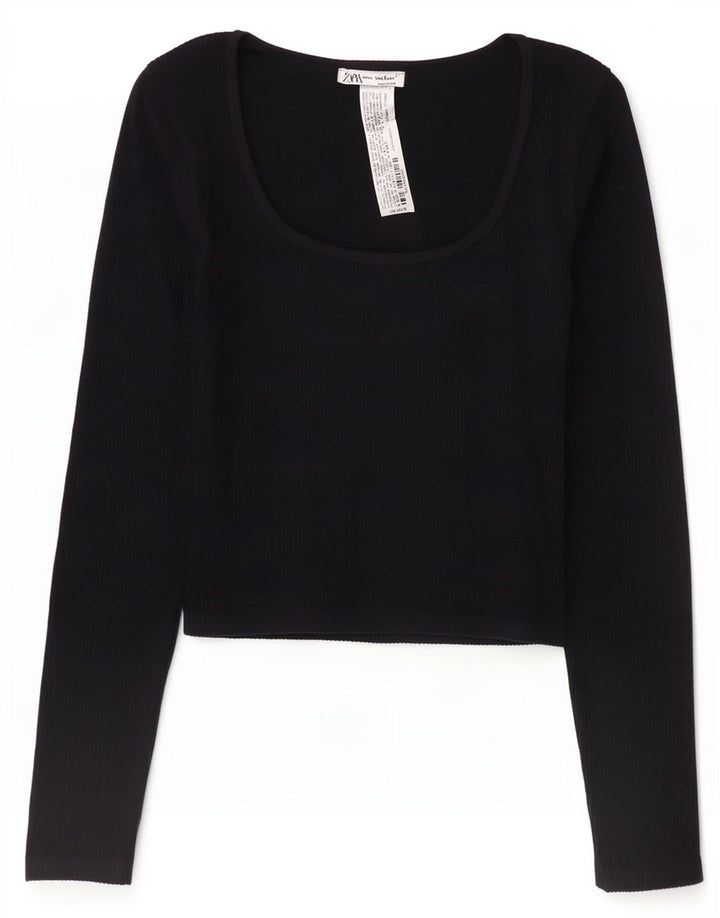 Zara Womens Crop Top Long Sleeve UK 12 Medium Black Polyamide