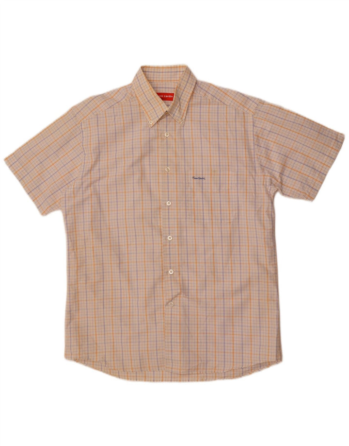 Pierre Cardin Mens Short Sleeve Shirt Size 39 Medium White Check Cotton