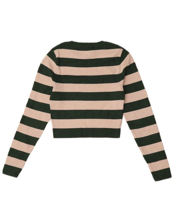Zara Womens Crop Top Long Sleeve UK 12 Medium Green Striped Viscose
