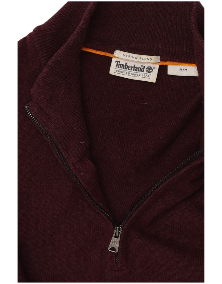 TIMBERLAND Mens Zip Neck Jumper Sweater Medium Burgundy Merino Wool