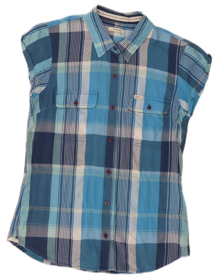 Lee Womens Short Sleeve Shirt UK 12 Medium Blue Check Cotton