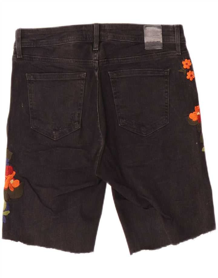 Zara Womens Graphic Denim Shorts EU 38 Small W28  Black Floral Bohemian