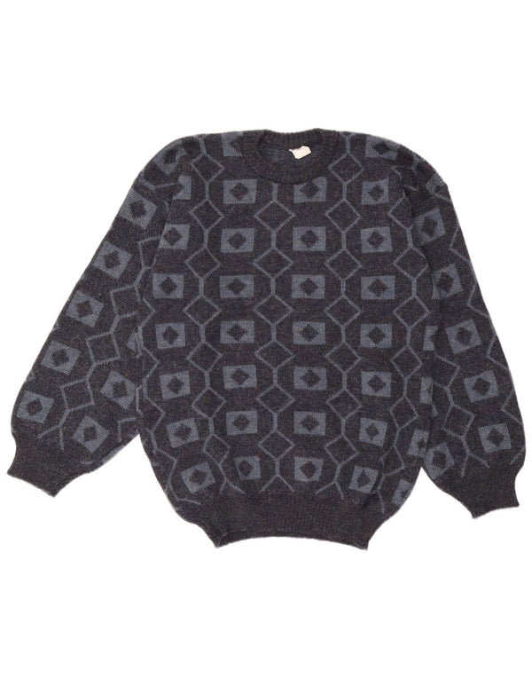 Vintage Mens Crew Neck Jumper Sweater Medium Grey Geometric Acrylic