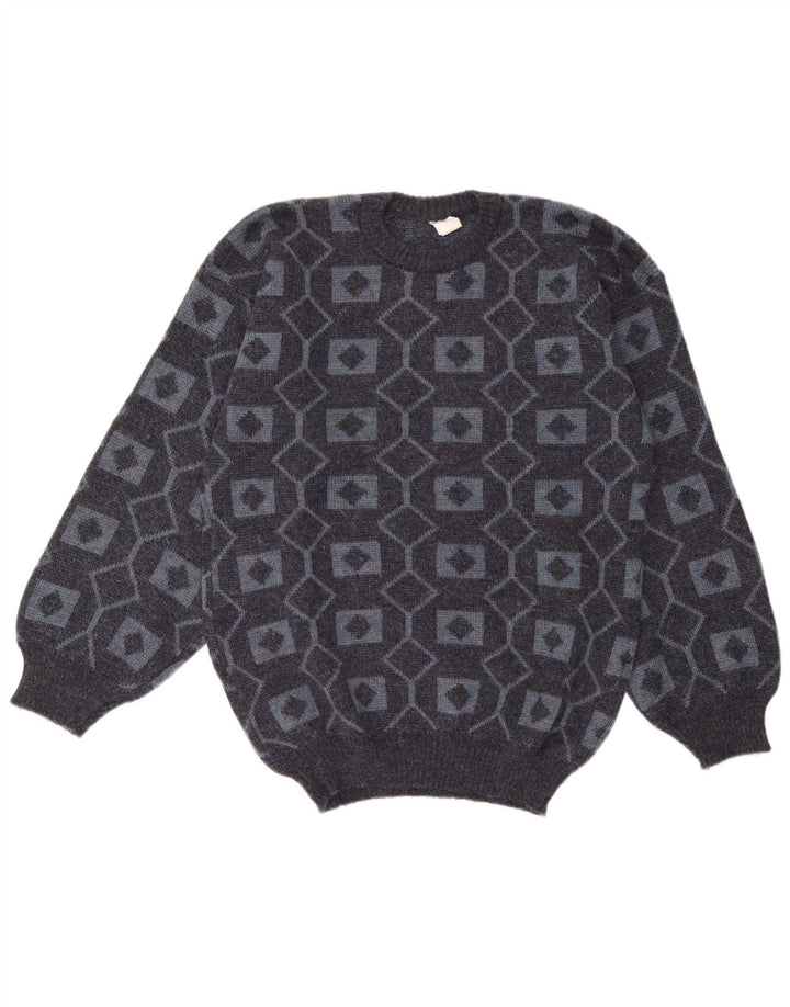Vintage Mens Crew Neck Jumper Sweater Medium Grey Geometric Acrylic
