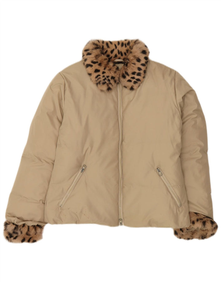 Vintage Womens Oversized Padded Jacket UK 10 Small Beige Animal Print