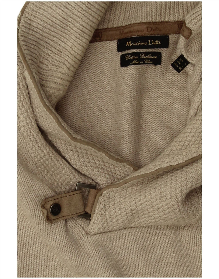 Massimo Dutti Mens Shawl Neck Jumper Sweater Large Beige Cotton