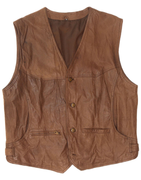Vintage Mens Leather Waistcoat IT 58 2XL Brown