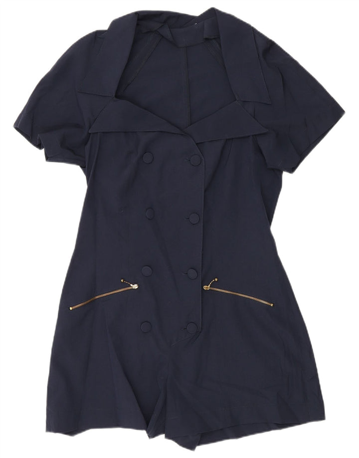 Vintage Womens Short Sleeve Playsuit UK 12 Medium Navy Blue Polyester