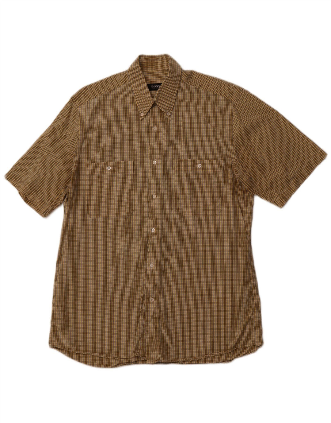 HUGO BOSS Mens Short Sleeve Shirt Size 40 Medium Yellow Check Cotton