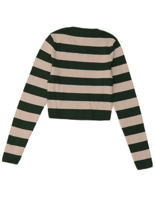 Zara Womens Crop Top Long Sleeve UK 8 Small Green Striped Viscose
