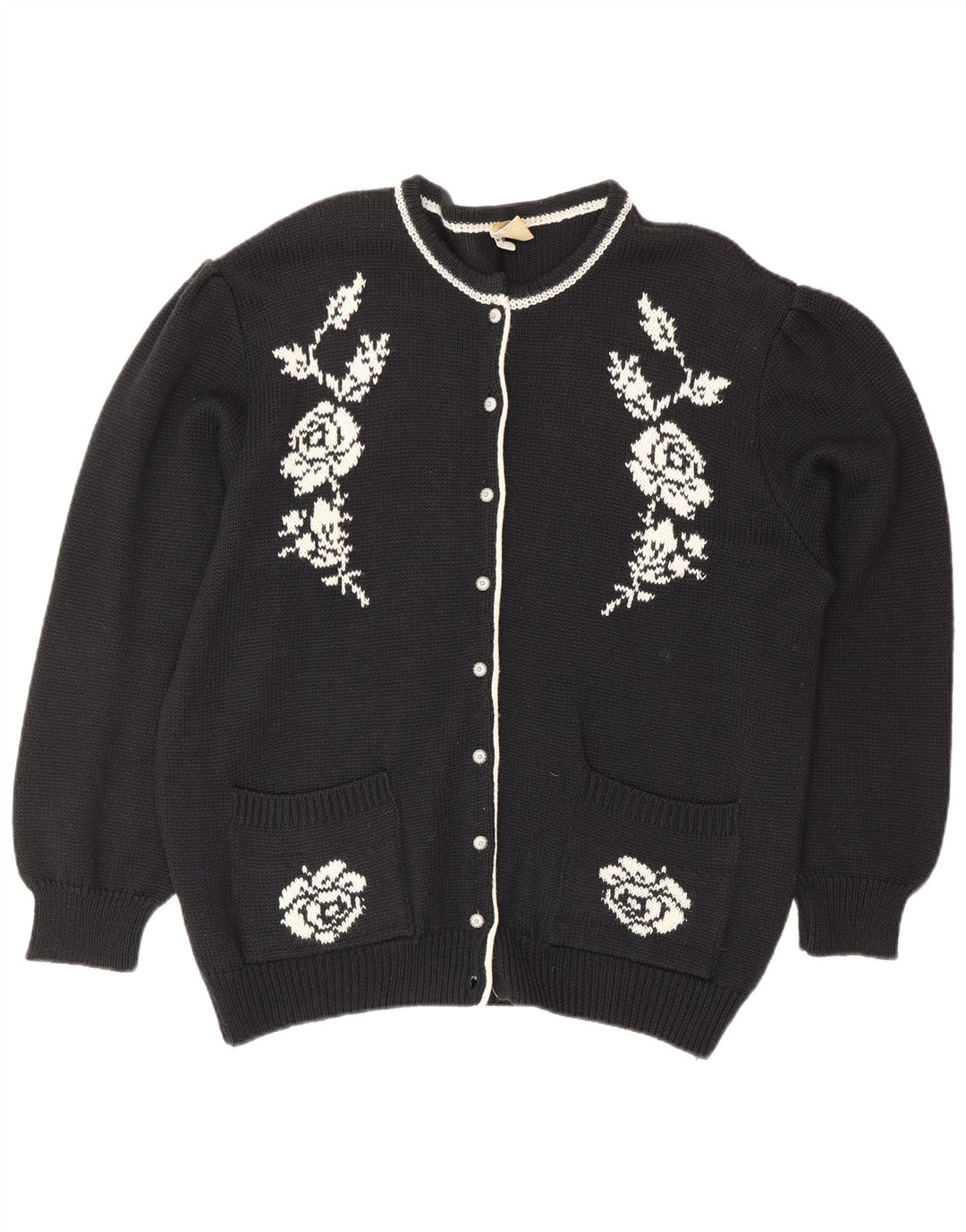 JORG PETERSON Womens Cardigan Sweater EU 42 Large Black Floral Wool