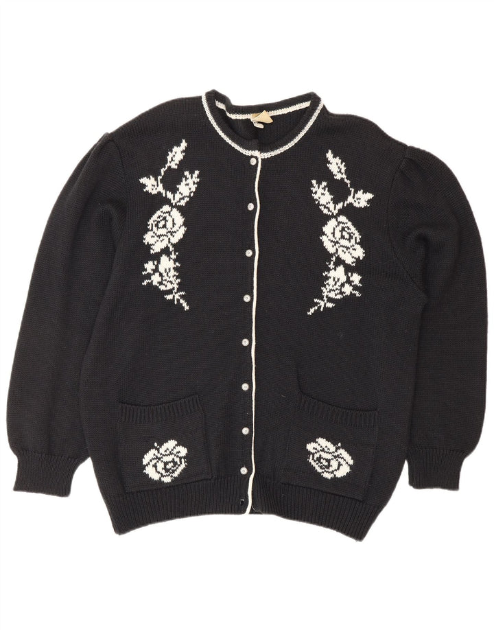 JORG PETERSON Womens Cardigan Sweater EU 42 Large Black Floral Wool