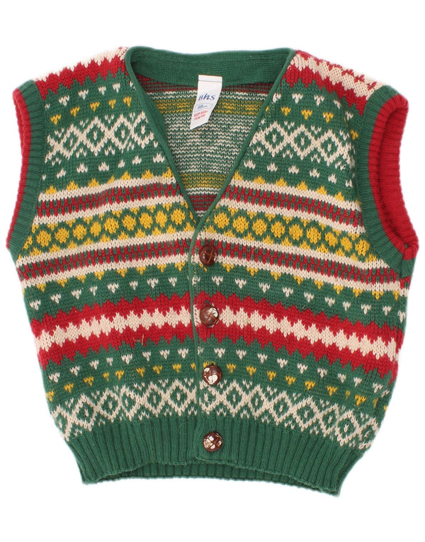 Bhs Boys Sleeveless Cardigan Sweater 2-3 Years Green Fair Isle Acrylic