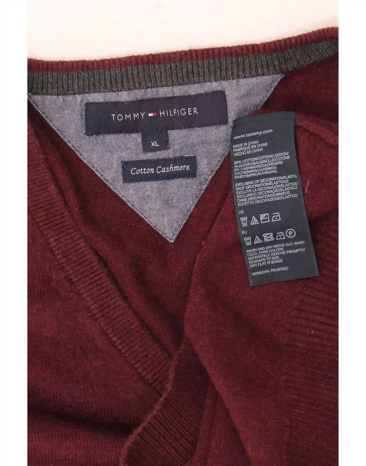 Tommy Hilfiger Mens V-Neck Jumper Sweater XL Maroon Cotton