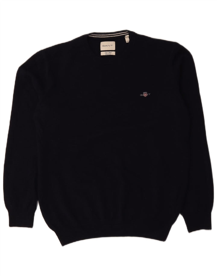 Gant Mens Crew Neck Jumper Sweater Large Navy Blue Lambswool