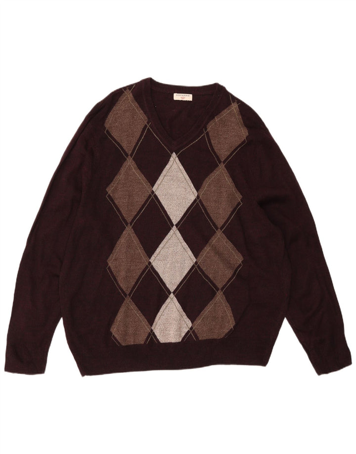 DOCKERS Mens V-Neck Jumper Sweater Large Burgundy Argyle/Diamond