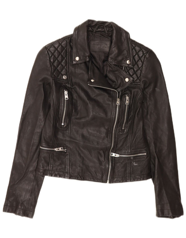 All Saints Womens Crop Leather Biker Jacket UK 8 Small Black