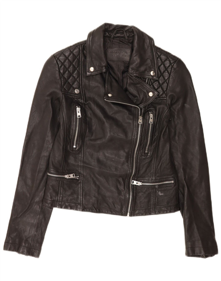 All Saints Womens Crop Leather Biker Jacket UK 8 Small Black