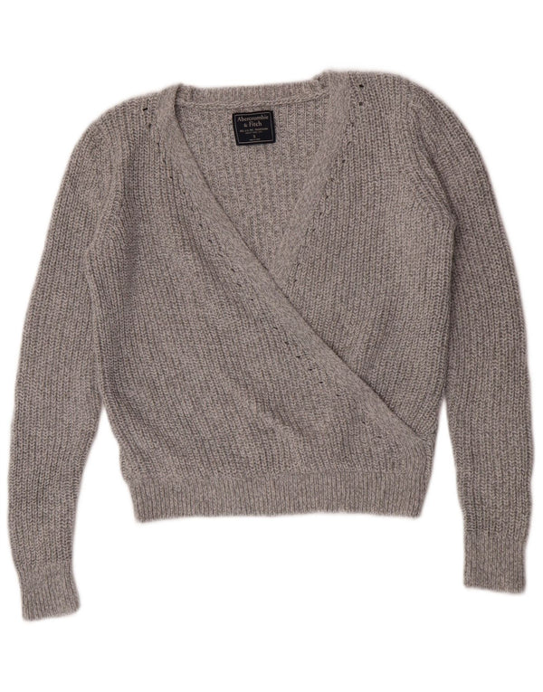 Abercrombie & Fitch Womens Crop V-Neck Jumper Sweater UK 10 Small Grey