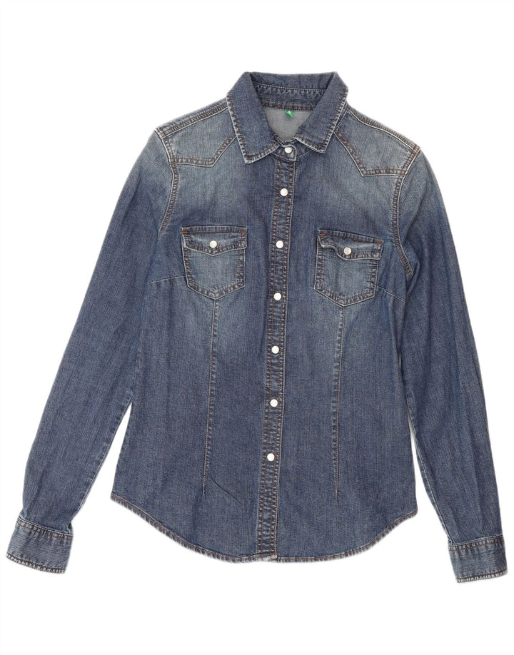 Benetton Womens Denim Shirt UK 12 Medium Blue Cotton