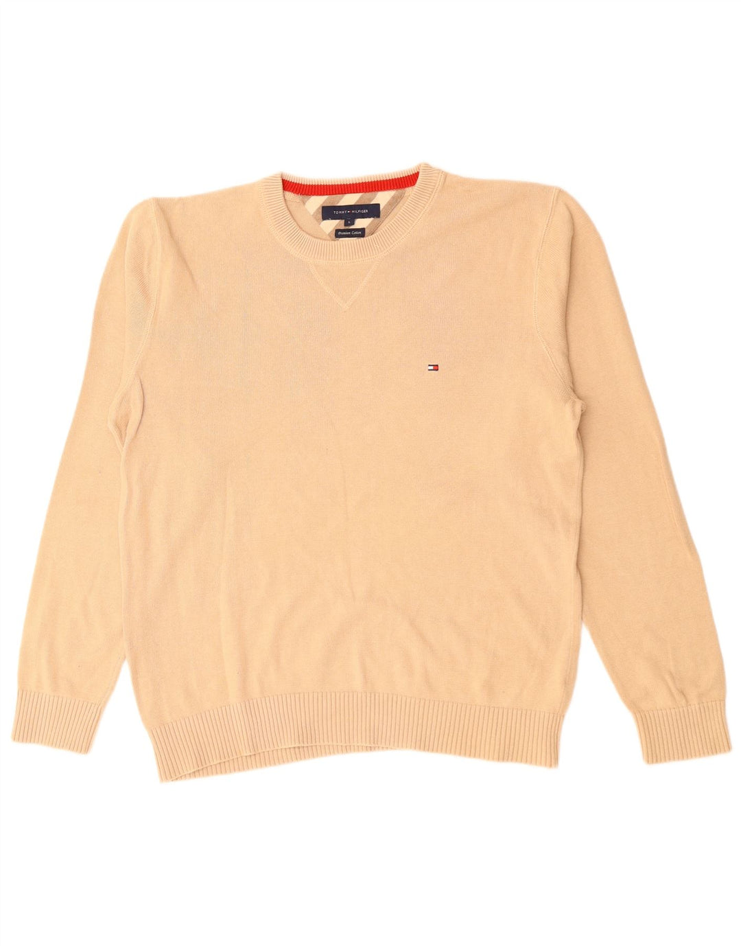 TOMMY HILFIGER Mens Crew Neck Jumper Sweater Large Beige Cotton