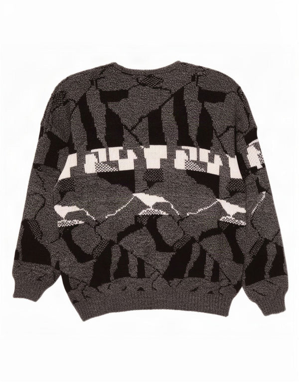 Vintage Mens V-Neck Jumper Sweater XL Grey Geometric Acrylic