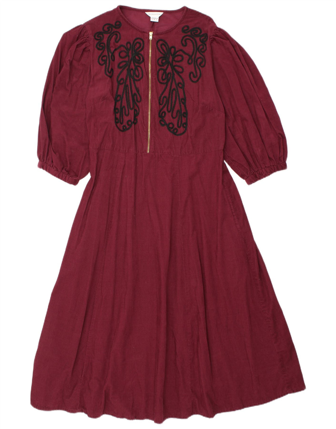MONSOON Womens 3/4 Sleeve Corduroy A-Line Dress UK 12 Medium Burgundy