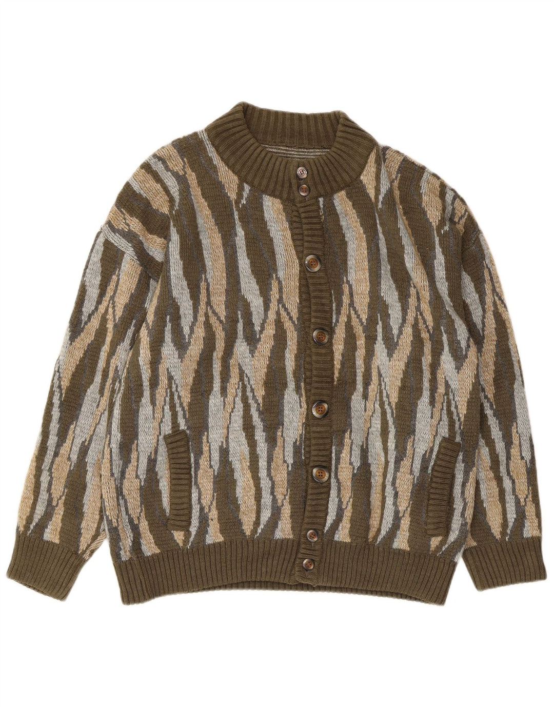 Vintage Mens Cardigan Sweater Large Khaki Striped Acrylic