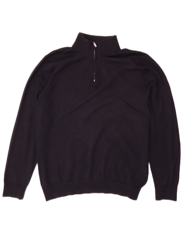 Reiss Mens Zip Neck Jumper Sweater Large Navy Blue Merino Wool