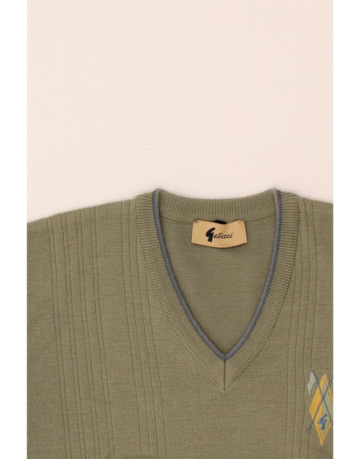 GABICCI Mens V-Neck Jumper Sweater Large Khaki Wool