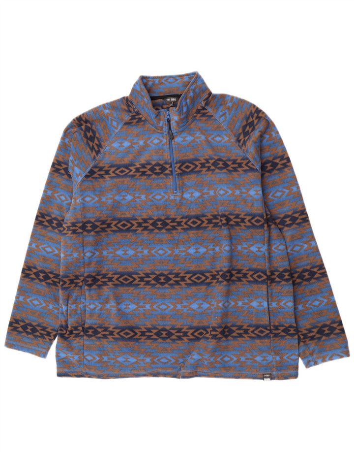 Cotton Traders Mens Zip Neck Fleece Jumper 2XL Blue Geometric Polyester