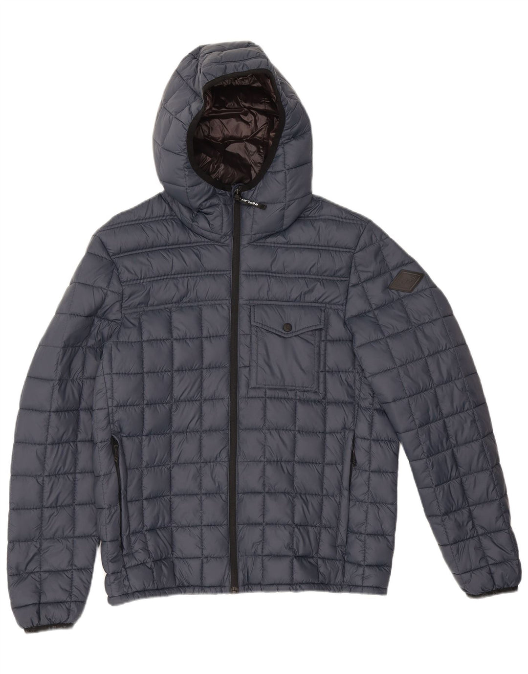 Replay Womens Hooded Padded Jacket UK 16 Large Navy Blue Polyamide