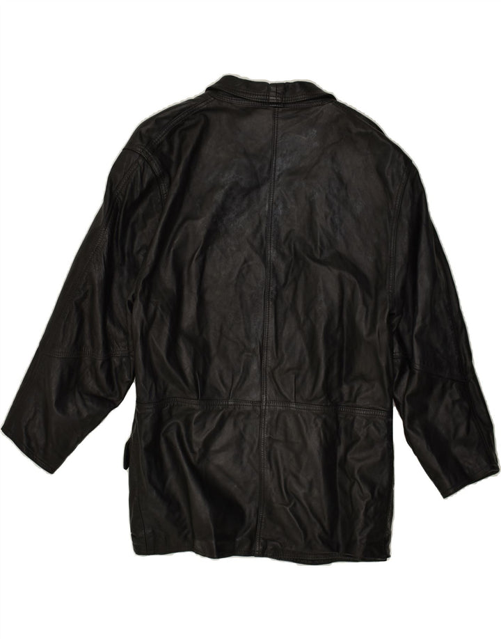 VINTAGE Womens Double Breasted Leather Coat UK 16 Large Black Leather | Vintage Vintage | Thrift | Second-Hand Vintage | Used Clothing | Messina Hembry 