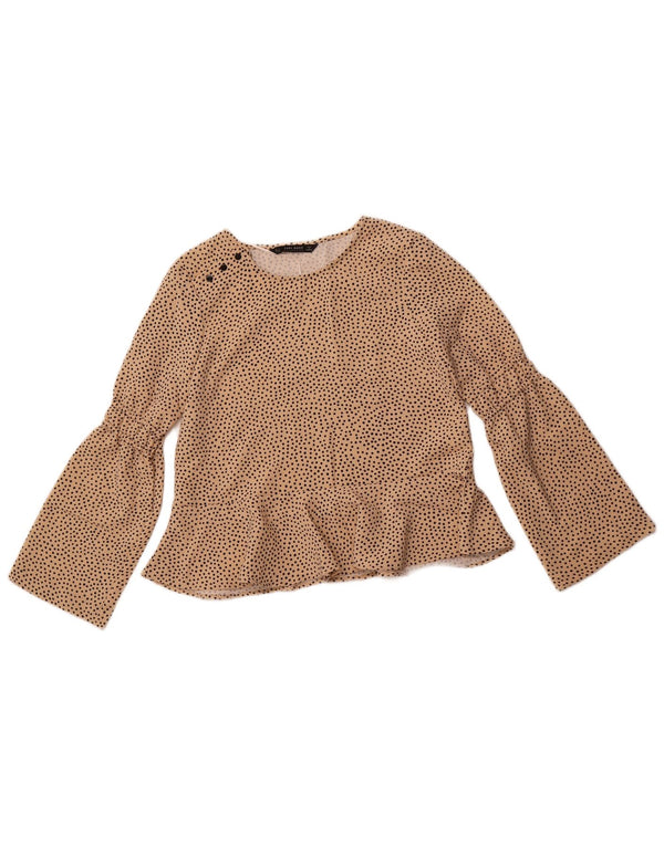 ZARA Womens Long Sleeve Blouse Top UK 10 Small Beige Spotted Polyester