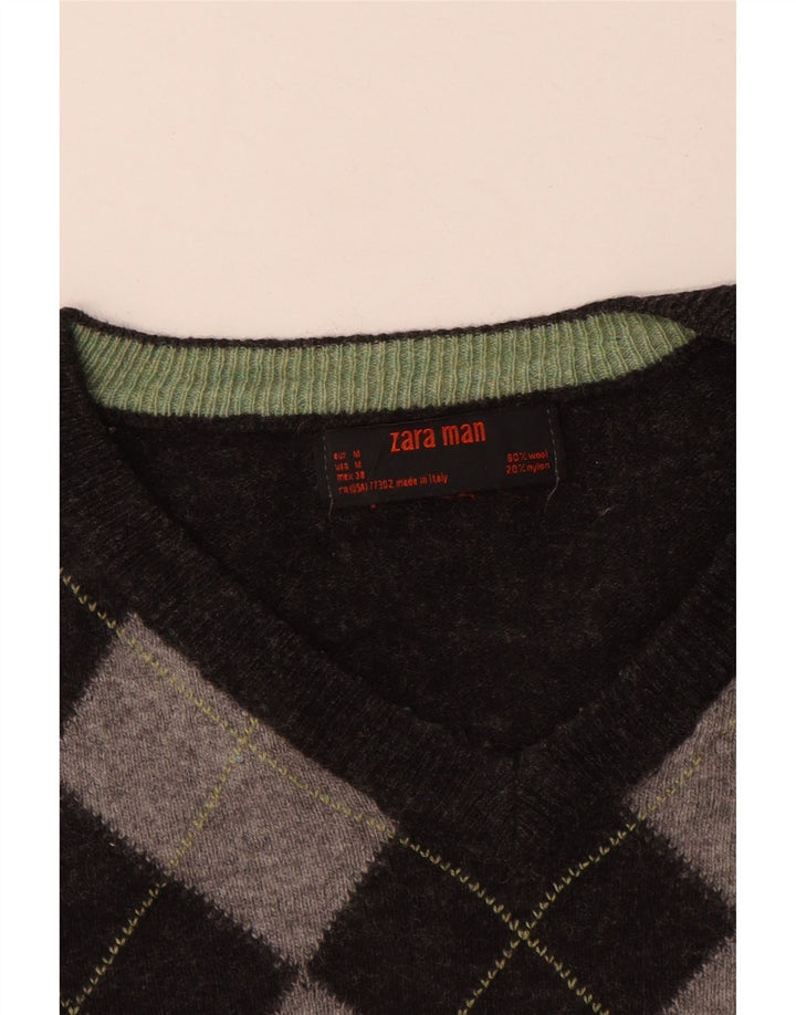 ZARA Mens V-Neck Jumper Sweater Medium Grey Argyle/Diamond Wool