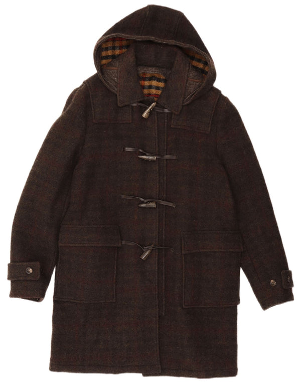 HEVO Mens Hooded Duffle Coat IT 52 Large Brown Check Wool