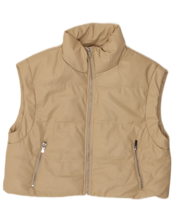 Zara Womens Crop Loose Fit Faux Leather Padded Gilet UK 10 Small Beige