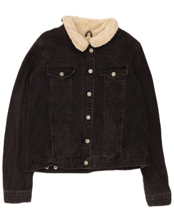 Topshop Womens Denim Sherpa Jacket UK 16 Large Black Cotton