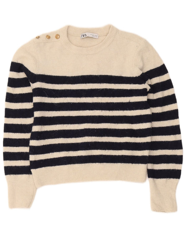 Zara Womens Crew Neck Jumper Sweater UK 14 Large Off White Striped