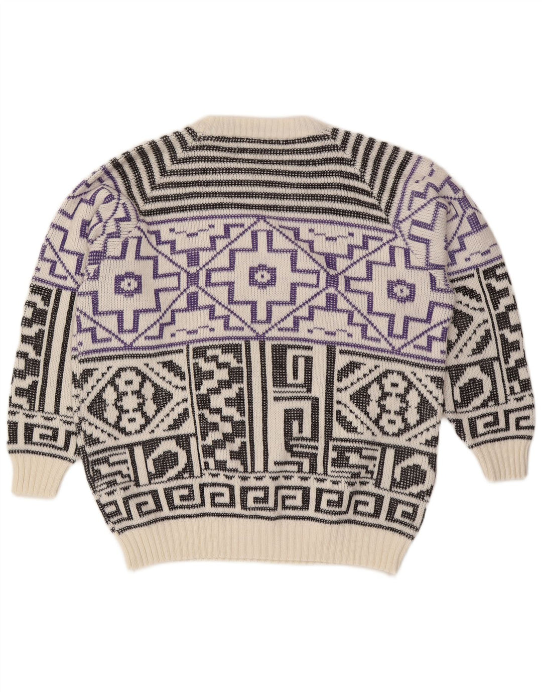 Vintage Mens Crew Neck Jumper Sweater Large White Geometric Wool