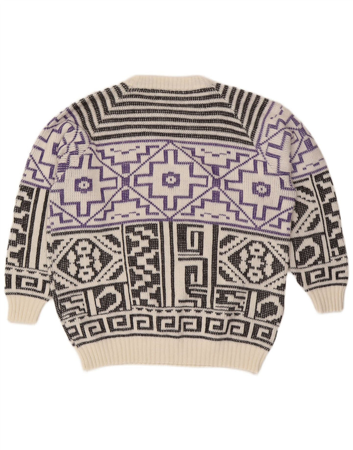 Vintage Mens Crew Neck Jumper Sweater Large White Geometric Wool