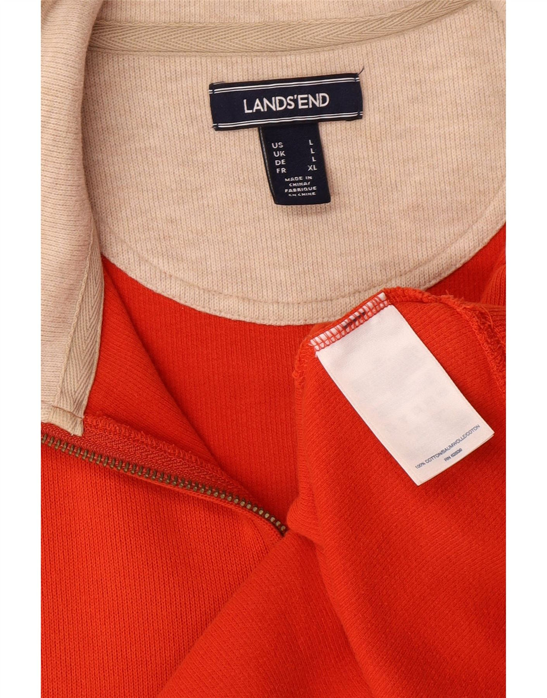 LANDS END Mens Zip Neck Sweatshirt Jumper Large Orange Cotton