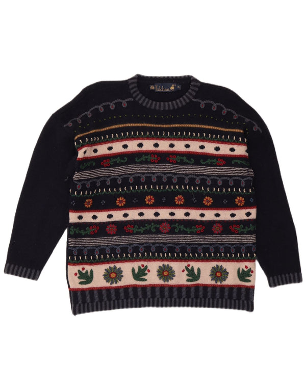 TULCHAN Womens Crew Neck Jumper Sweater UK 18 XL Navy Blue Fair Isle Wool