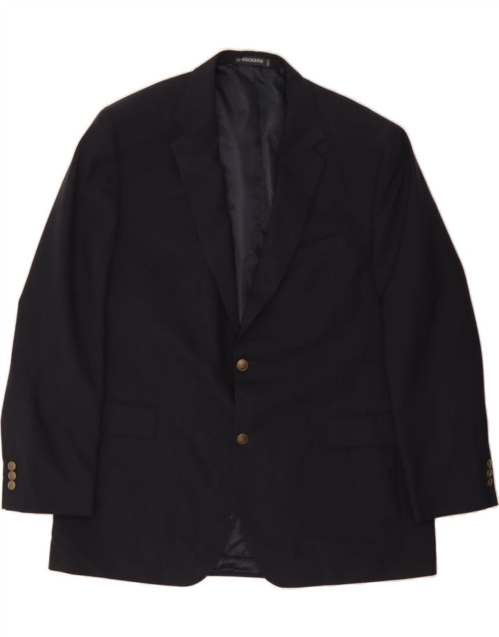 DOCKERS Mens 2 Button Blazer Jacket UK 40 Large Navy Blue Polyester Vintage Dockers and Second-Hand Dockers from Messina Hembry 