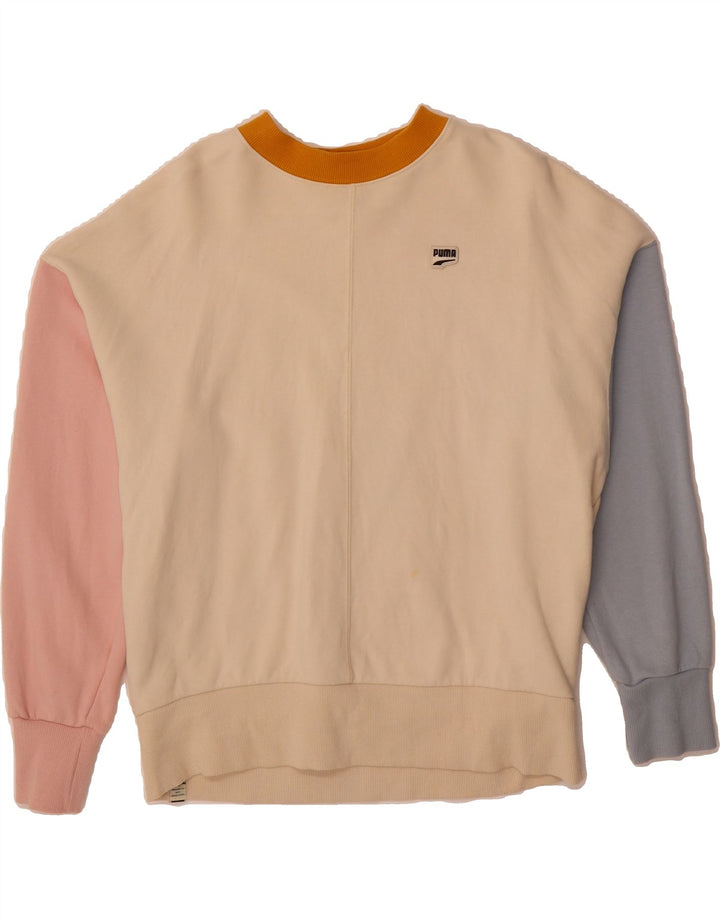 PUMA Womens Oversized Sweatshirt Jumper UK 10 Small Beige Colourblock Vintage Puma and Second-Hand Puma from Messina Hembry 