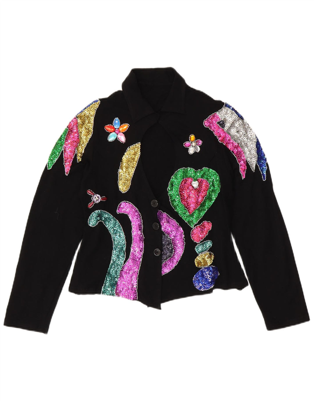 VINTAGE Womens Crop Shirt Blouse UK 12 Medium Black Floral Spandex